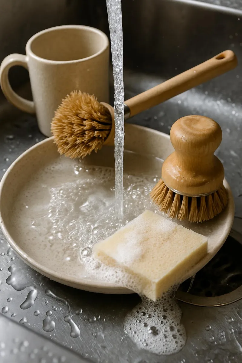 Water running over eco-friendly dish products in sink