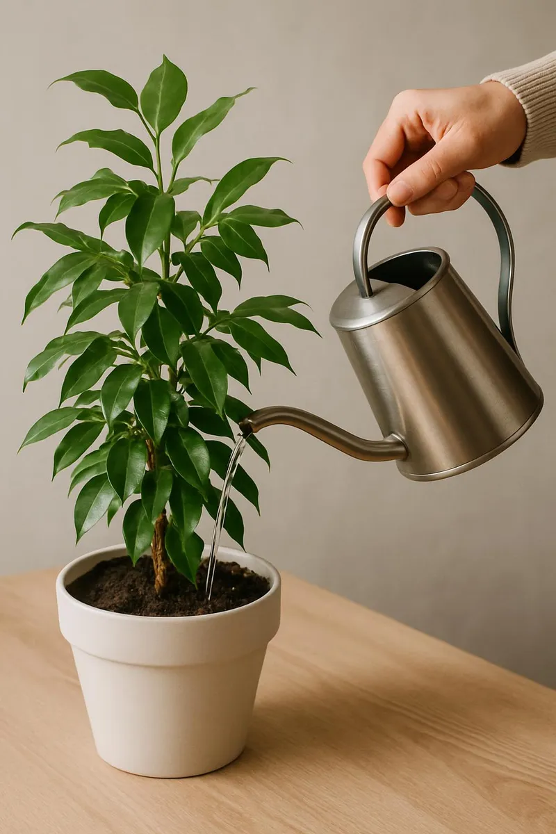 Watering houseplant with metal watering can