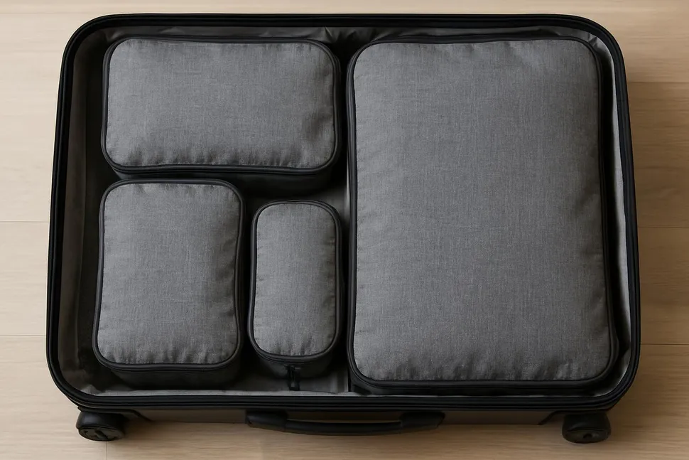 Well-organized packing cubes inside suitcase