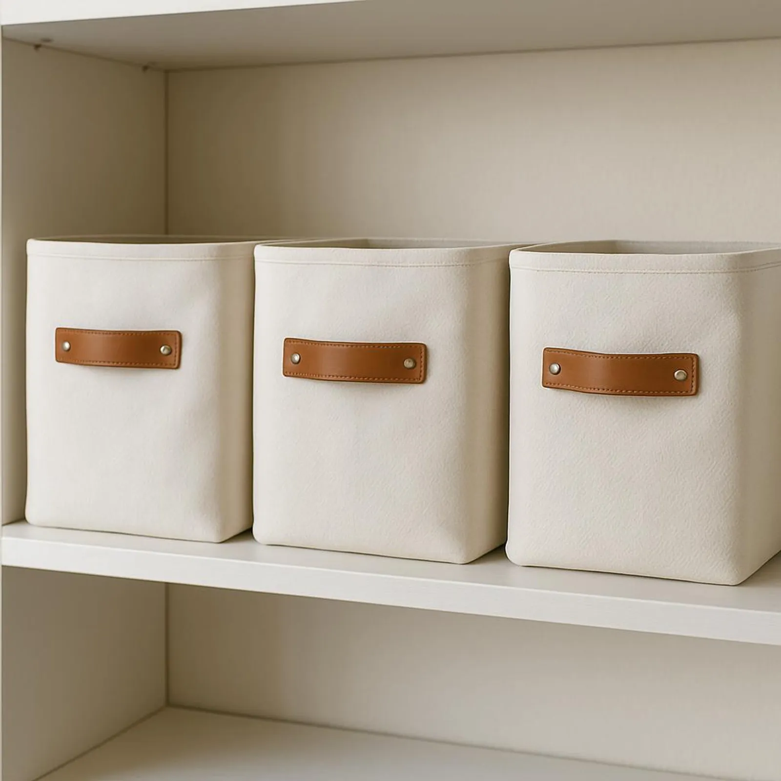 White fabric storage bins with leather handles on a shelf
