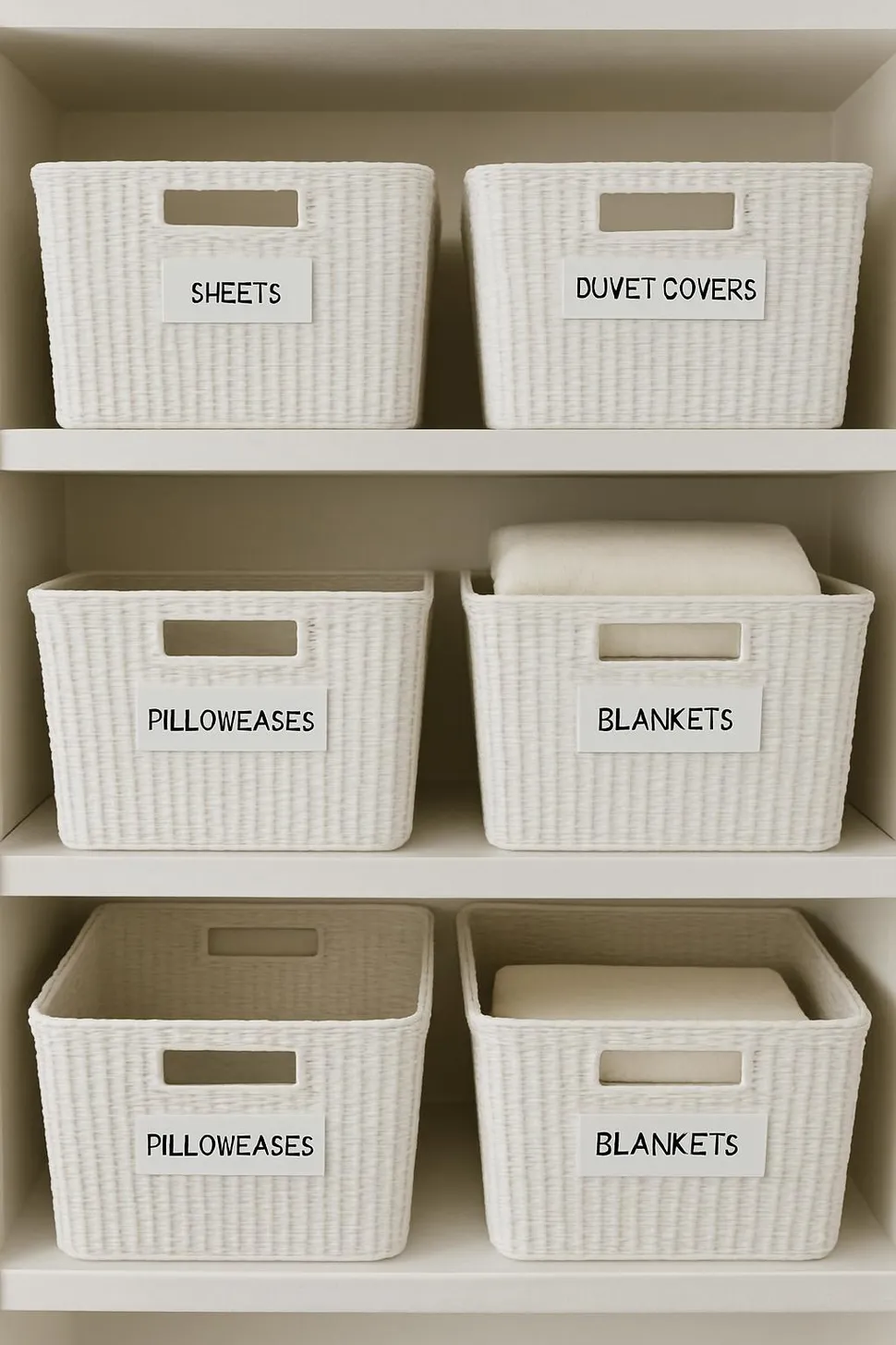 White labeled baskets on shelves for linens