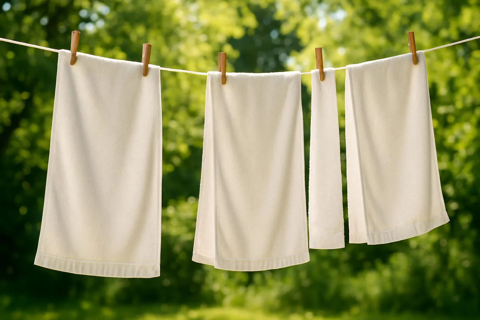 White towels drying on a line with sunlit greenery in the background