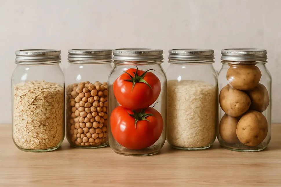 Wide-mouth glass mason jars filled with pantry goods and produce