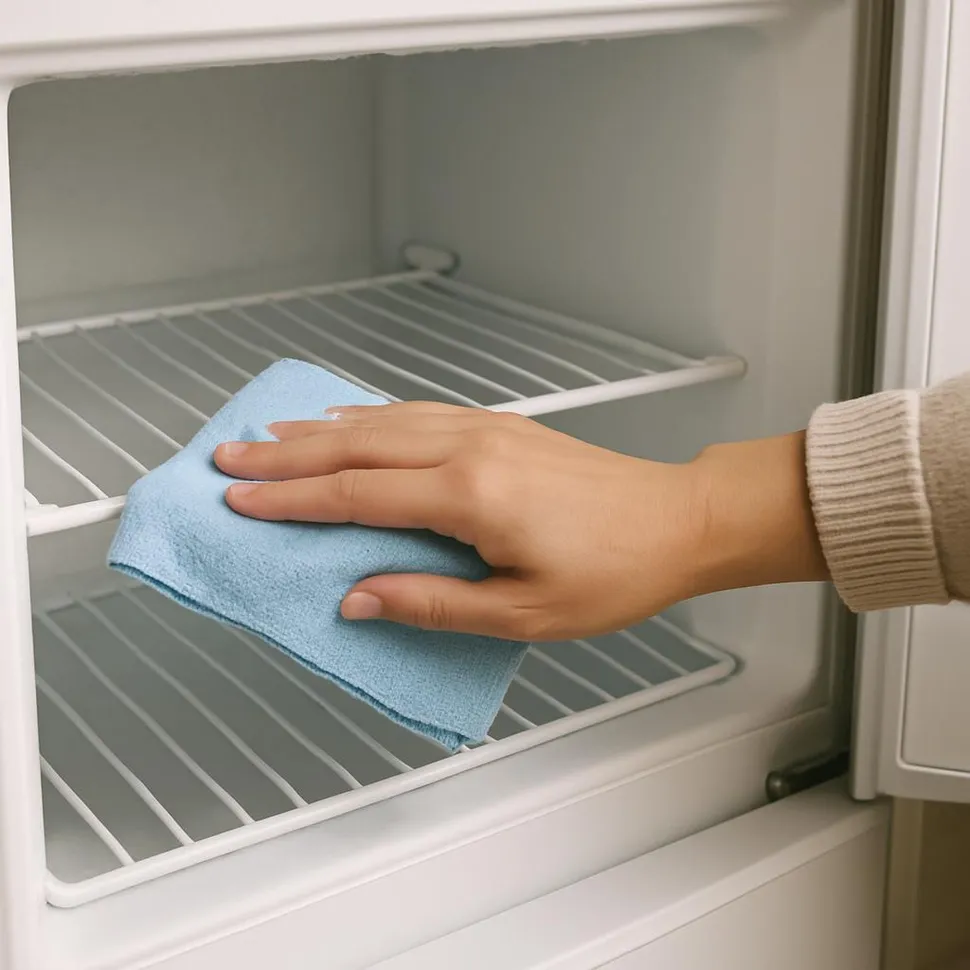 Wiping a freezer shelf with a cloth