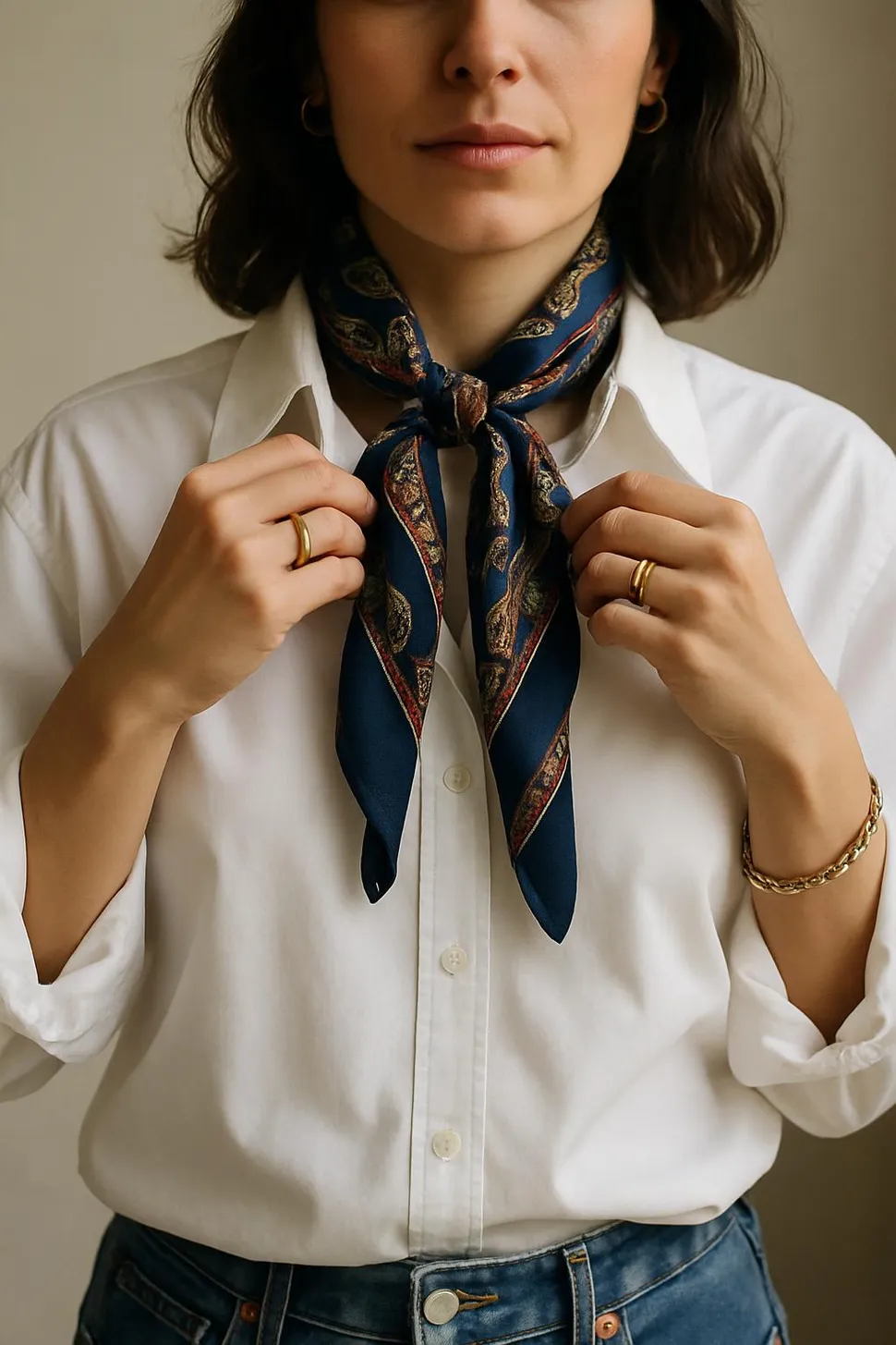 Woman restyling a white shirt with scarf and accessories