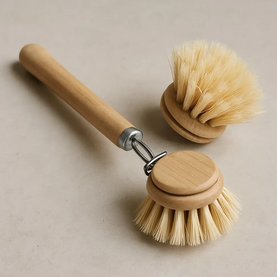 Wood-handled dish scrub brush with replaceable head