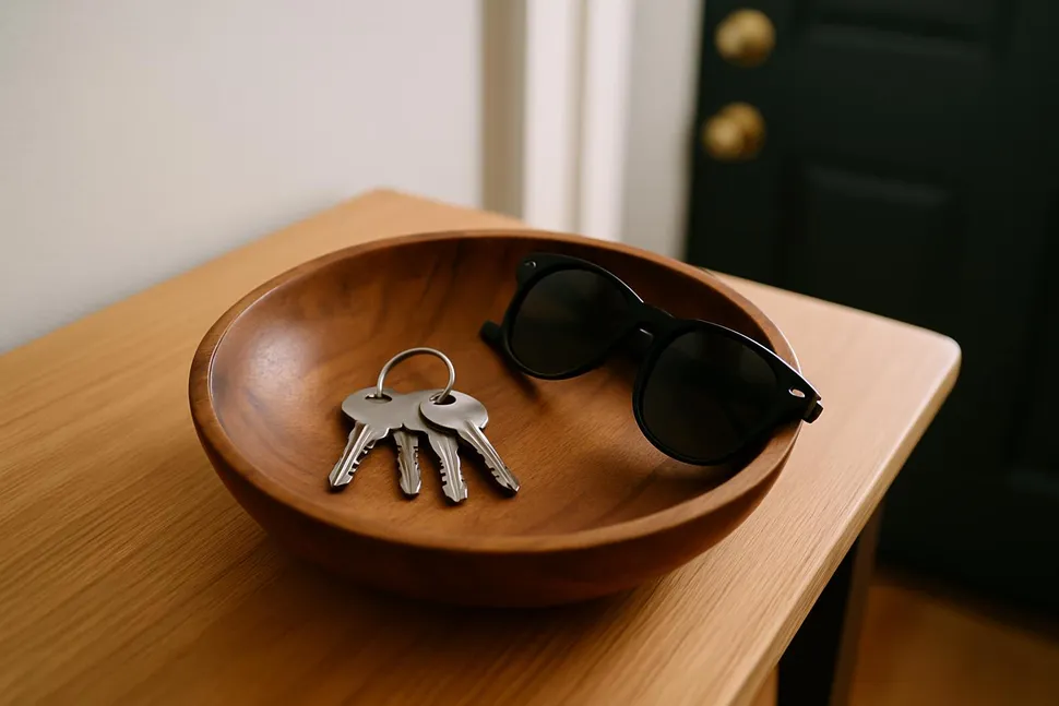 Wooden bowl on an entryway table holding keys and sunglasses