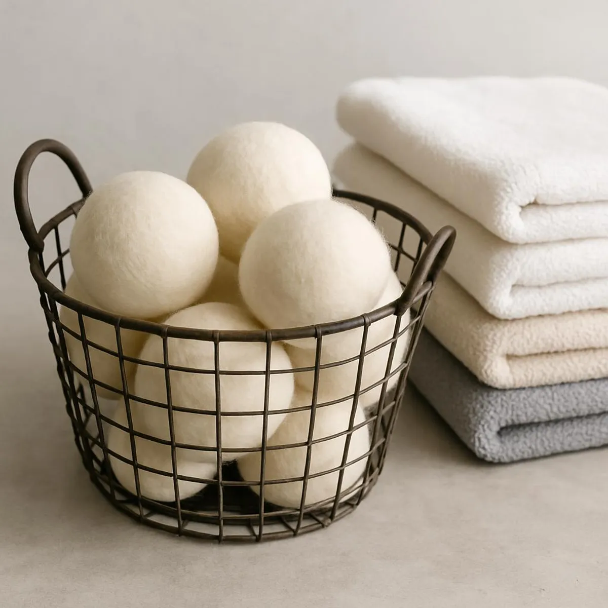 Wool dryer balls in a wire basket next to folded towels