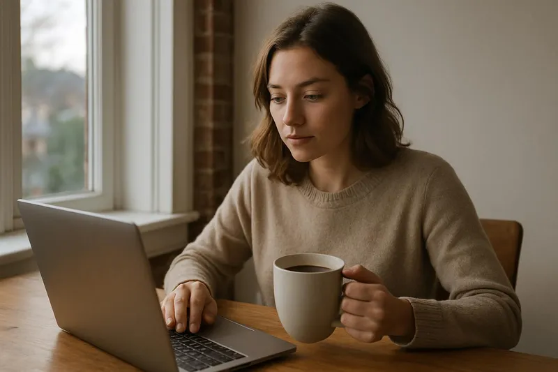 Working peacefully alone in the morning with coffee