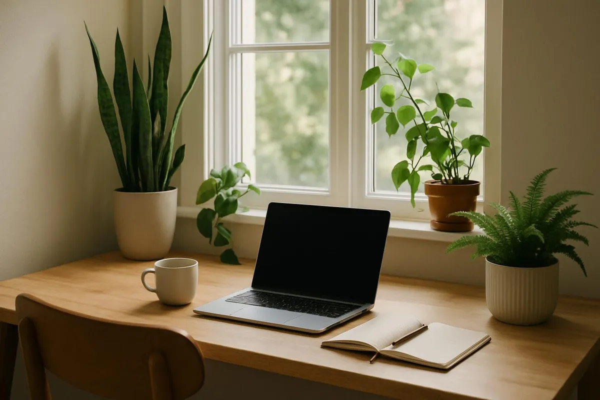 Workspace by a window with natural lighting and plants