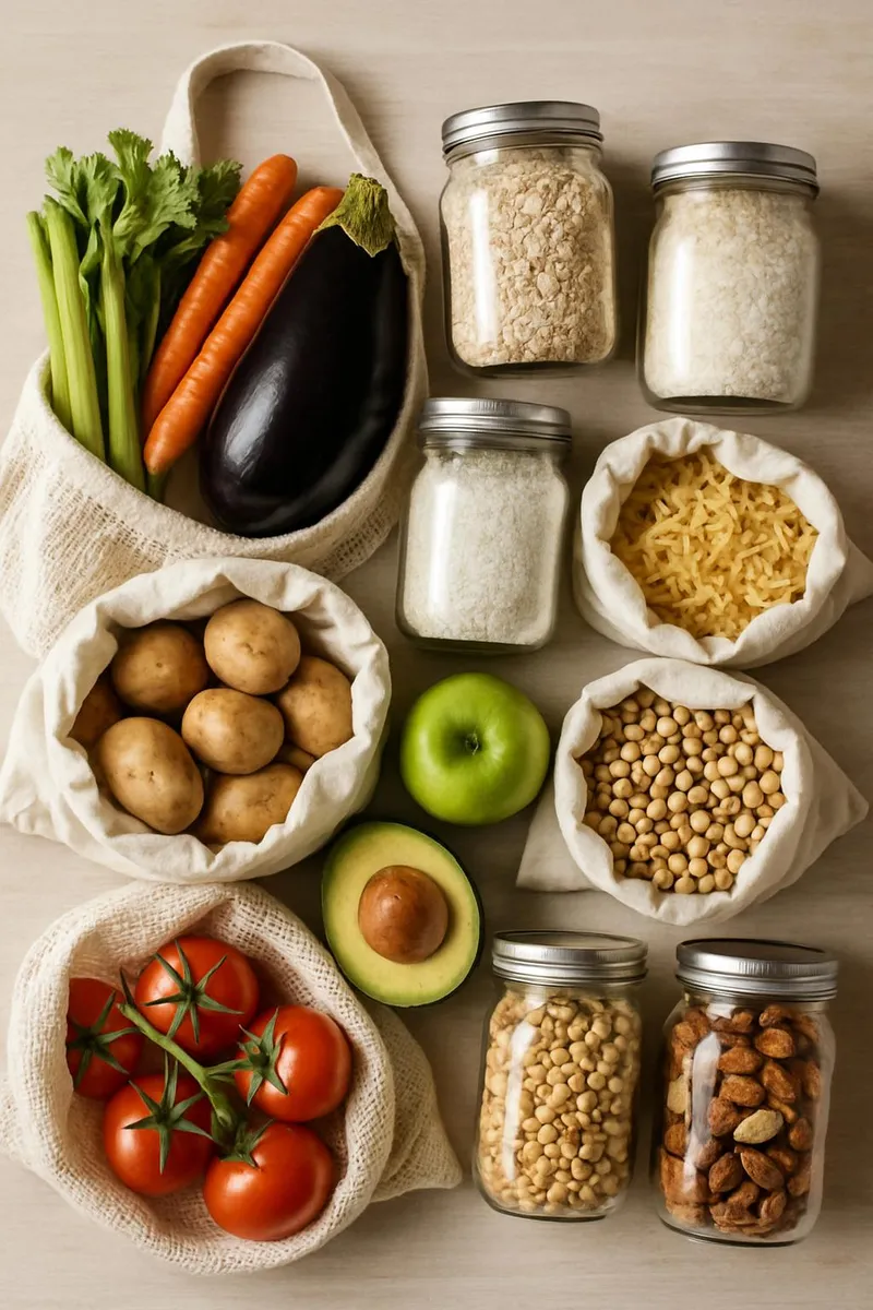 Zero-waste grocery haul with reusable bags, jars, and fresh produce